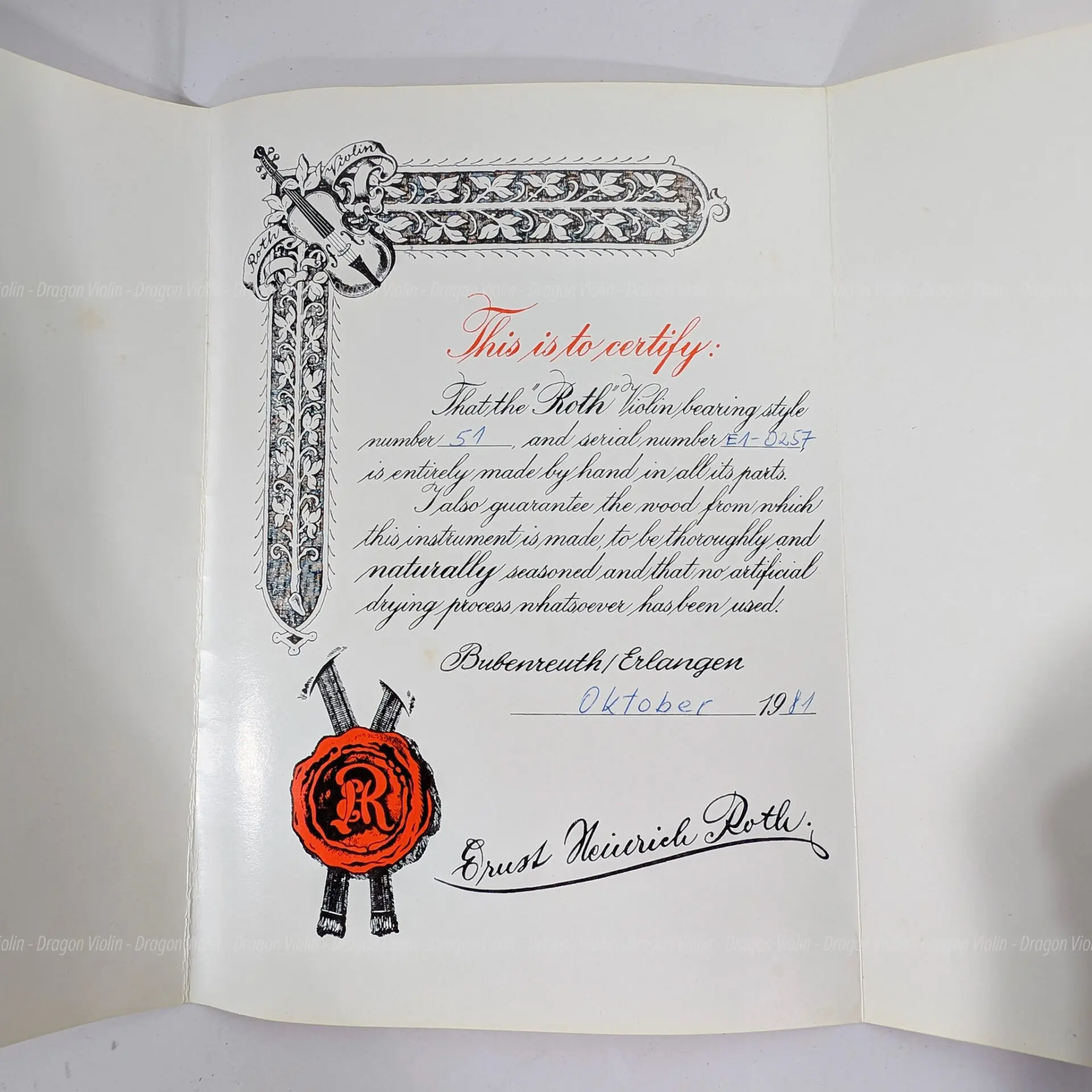 Ernst Heinrich Roth #51 violin 1981, Certificate - Dragon Violin